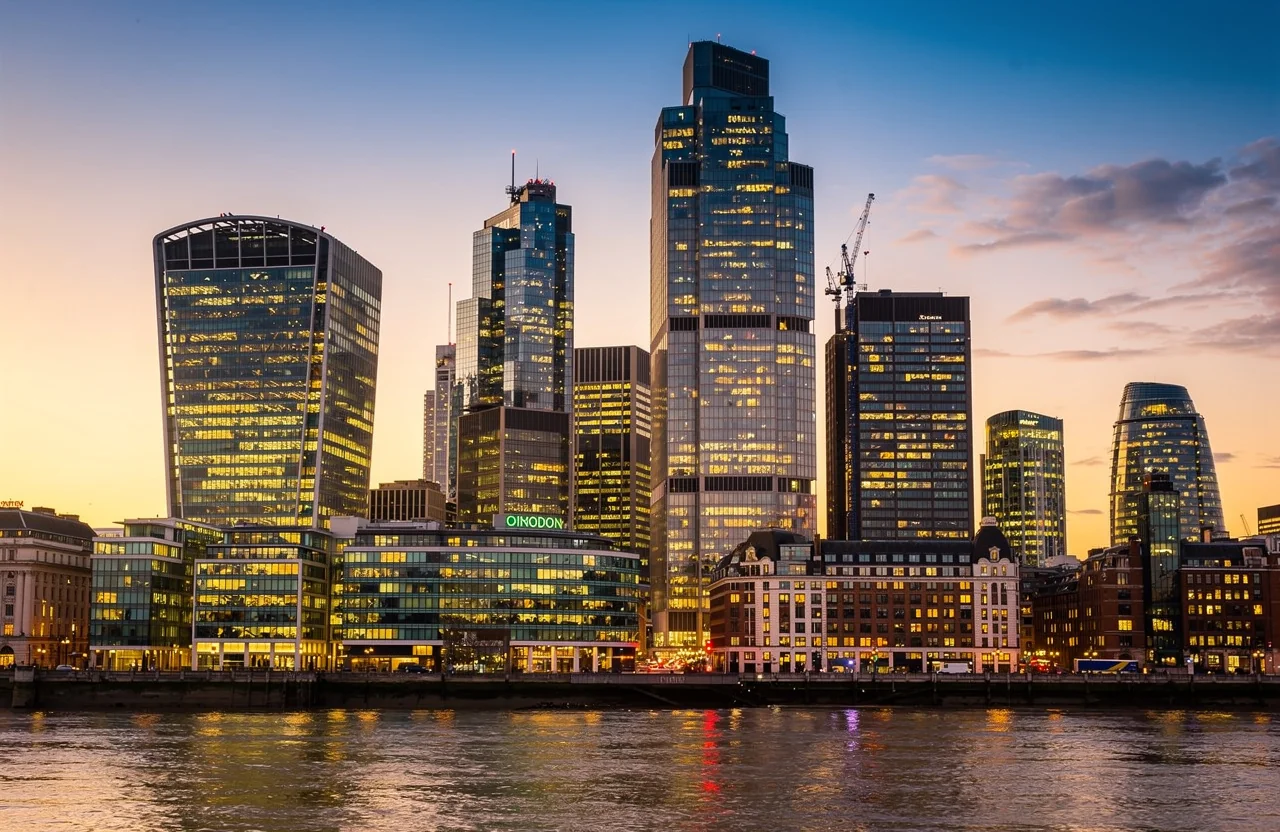 Quartier financier de la City de Londres au crépuscule, illustrant la fiscalité anglaise des sociétés