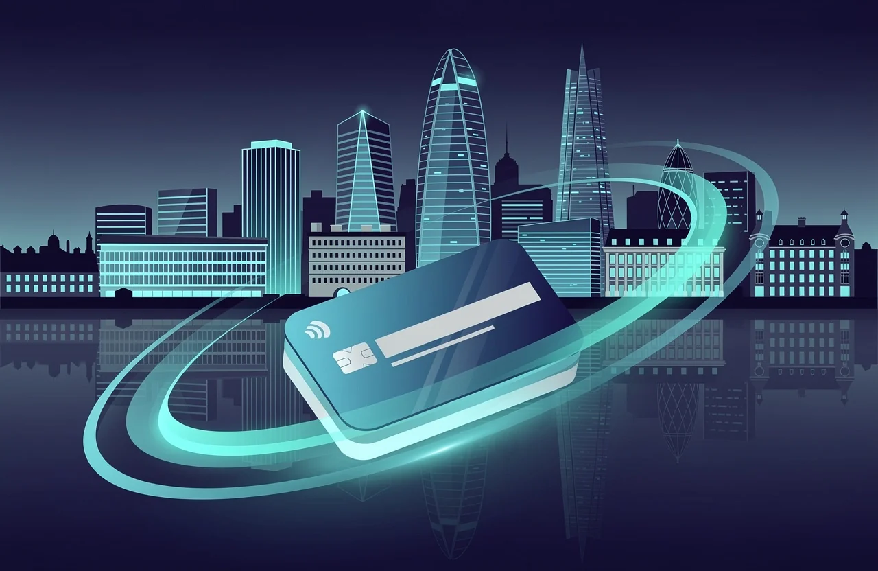 Illustration de la City de Londres et d'une carte bancaire, évoquant l'ouverture d'un compte bancaire en Angleterre
